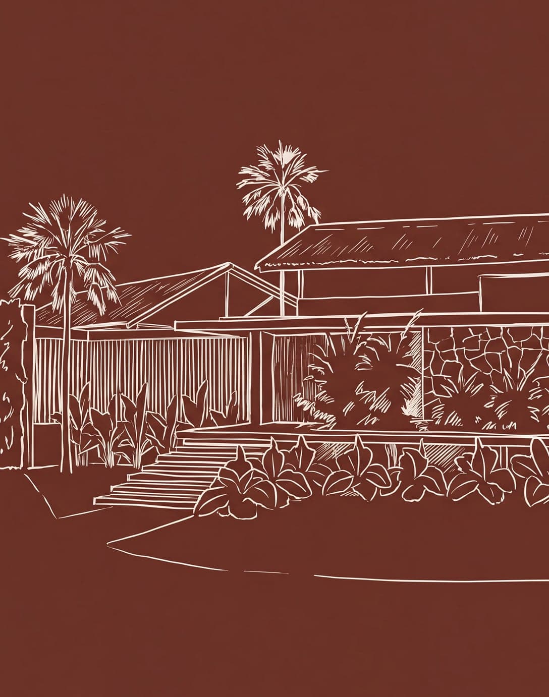 Croqui em linha branca sobre fundo terracota de casa com cobertura de palha, escada e jardim tropical, projeto arquitetônico residencial