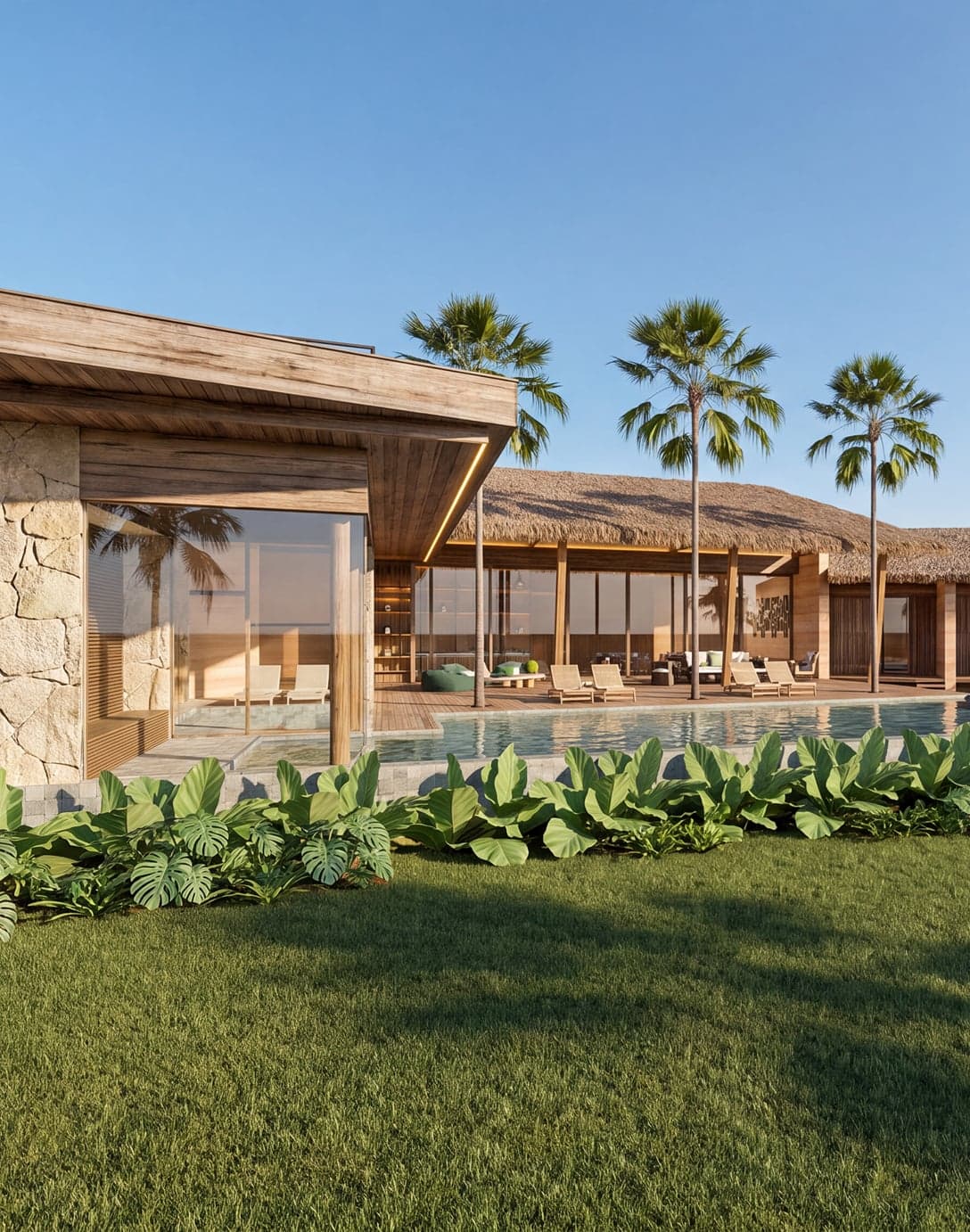 Casa com cobertura em palha, pedra natural, piscina e palmeiras, projeto de arquitetura adaptado ao clima do Ceará