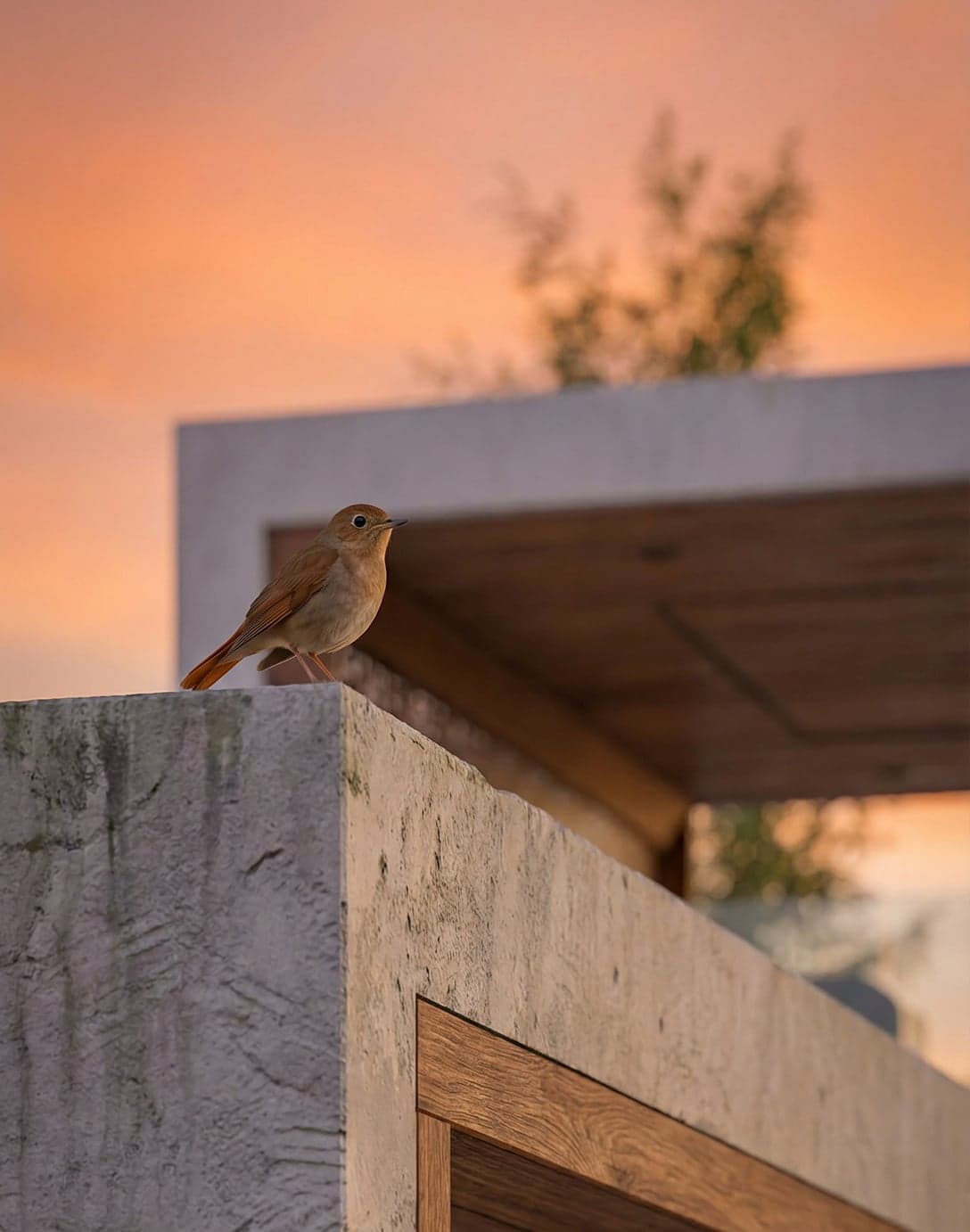 Pássaro pousado em quina de concreto aparente com detalhe em madeira ao pôr do sol, projeto da TRUÍV