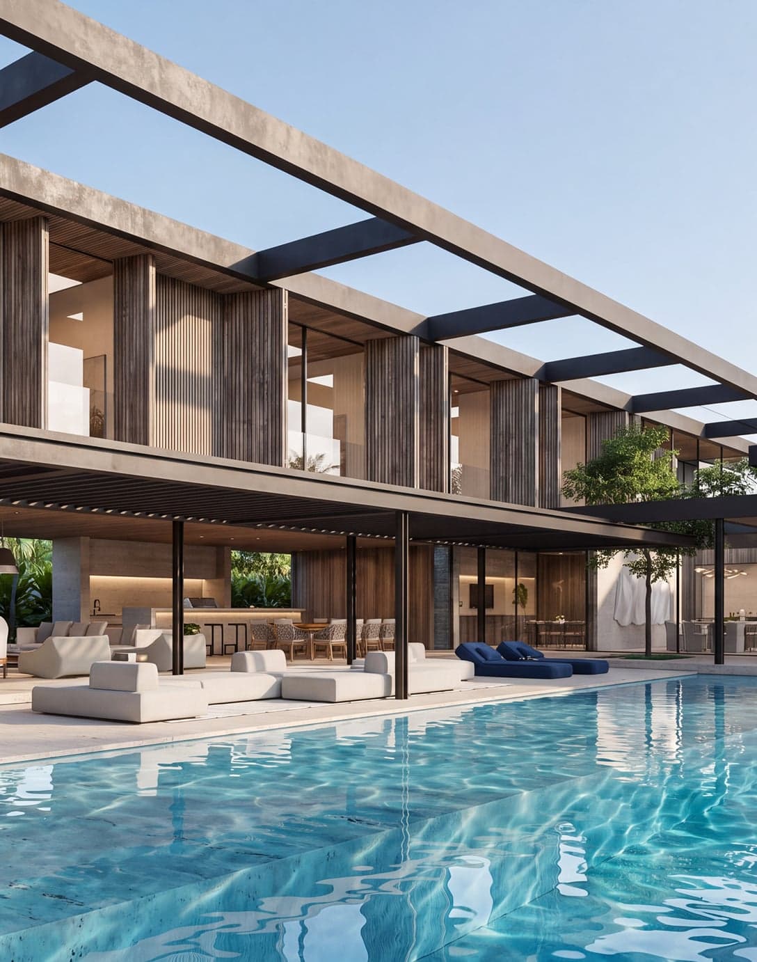 Casa com pergolado em concreto e vigas metálicas, piscina e área social integrada, projeto residencial no Ceará