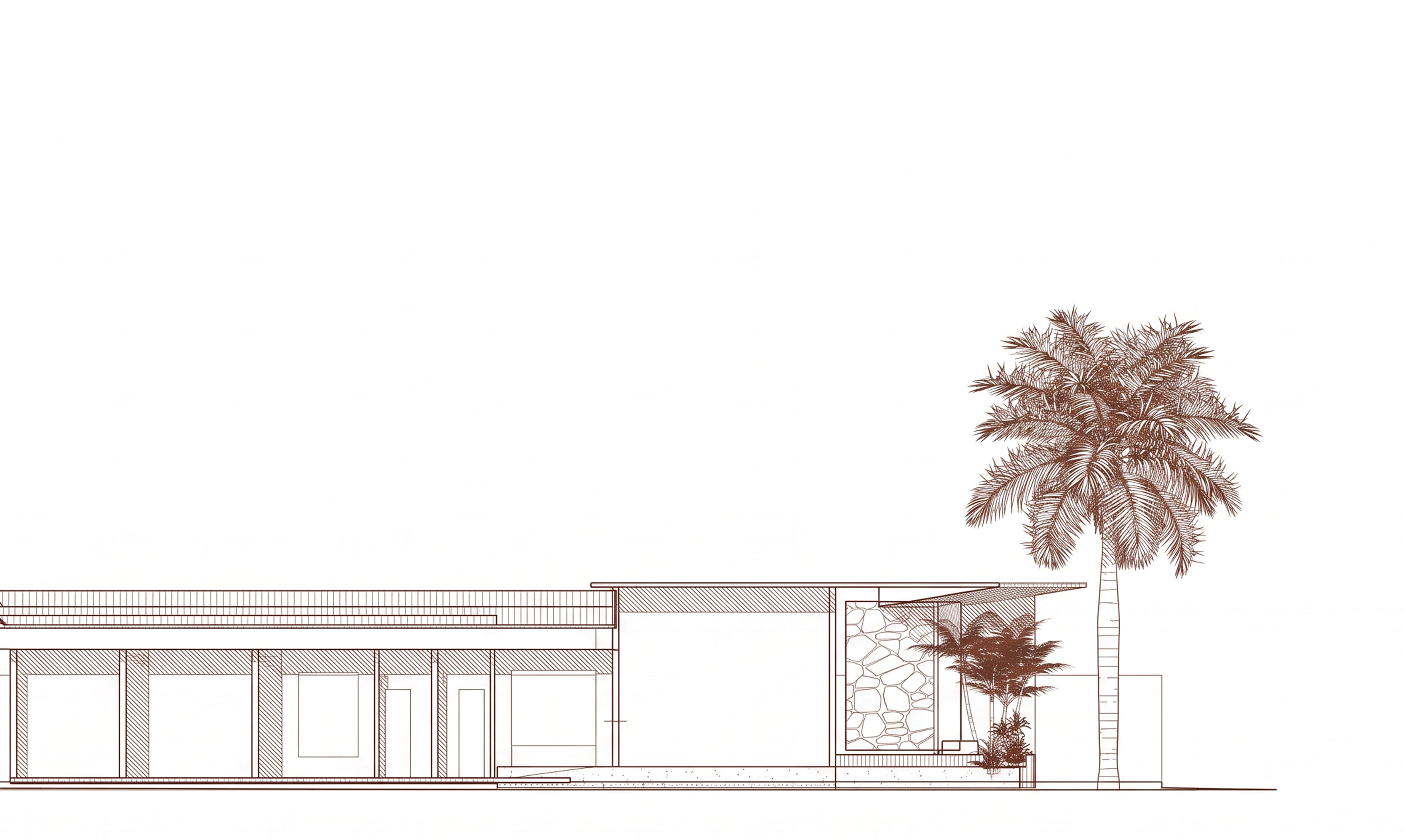 Desenho técnico em elevação de uma casa térrea com pedra e palmeira, projeto de arquitetura da TRUÍV em Cruz, Ceará